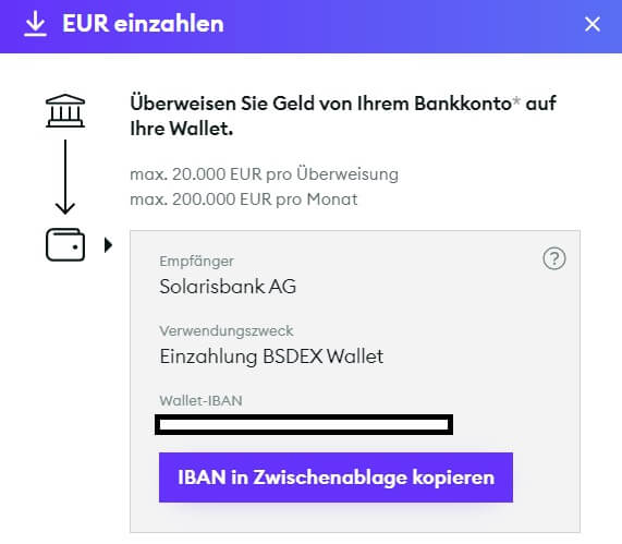 Dieses Bild zeigt, wie man bei BSDEX EUR einzahlt.
