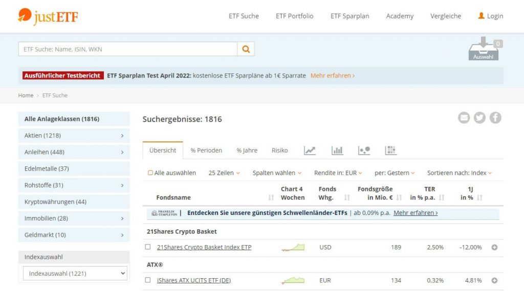 Dieses Bild zeigt die ETF-Suche über justETF.